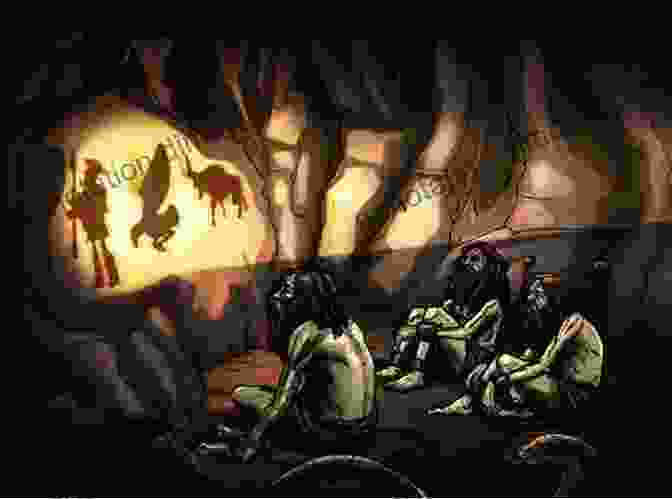 A Group Of People Sit Chained In A Cave, Watching Shadows Cast On The Wall By A Fire Behind Them. Young Plato And The Cave